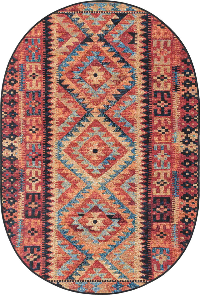 Multicolor 4' 1 x 6' 1 Outdoor Tribal Oval Area Rug Weather Resistant for Patio, Deck, Terrace, Balcony, Porch Traditional Design Water Safe Outside Carpet for Sale at Rug Engine