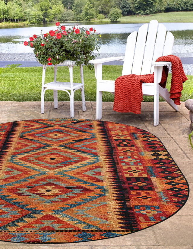 Multicolor 5' 3 x 8' Outdoor Tribal Oval Area Rug Weather Resistant for Patio, Deck, Terrace, Balcony, Porch Traditional Design Water Safe Outside Carpet for Sale at Rug Engine
