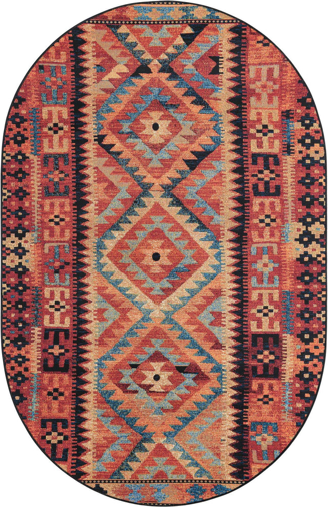 Multicolor 5' 3 x 8' Outdoor Tribal Oval Area Rug Weather Resistant for Patio, Deck, Terrace, Balcony, Porch Traditional Design Water Safe Outside Carpet for Sale at Rug Engine