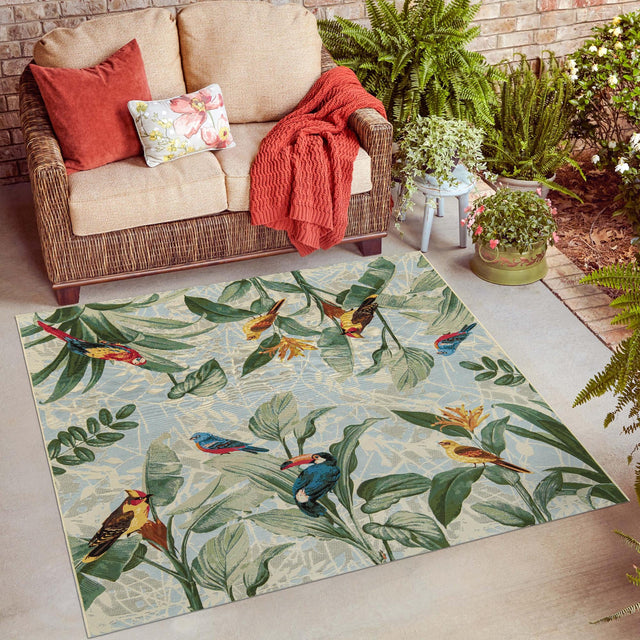 Multicolor 5' 3 x 5' 3 Outdoor Botanical Square Area Rug Weather Resistant for Patio, Deck, Terrace, Balcony, Porch Polypropylene Garden Floral Tropical Carpet for Sale at Rug Engine