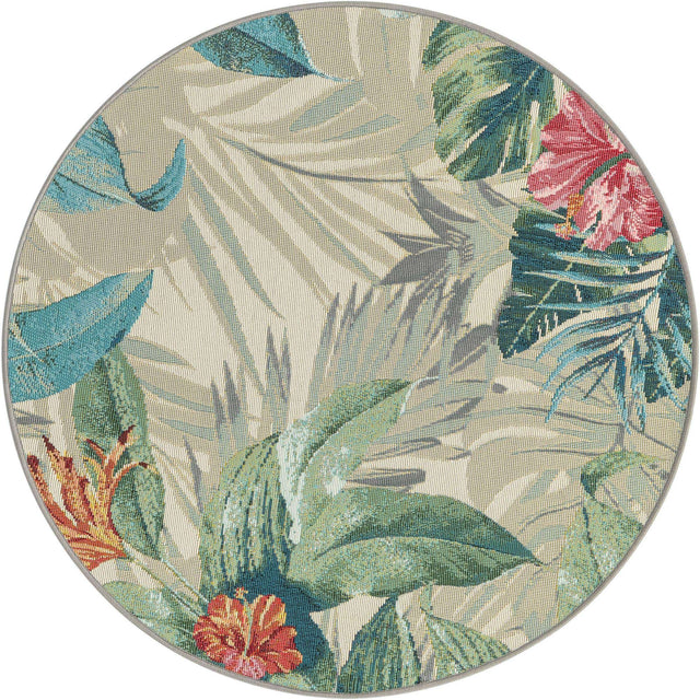 Multicolor 3' 1 x 3' 1 Outdoor Botanical Round Area Rug Weather Resistant for Patio, Deck, Terrace, Balcony, Porch Polypropylene Garden Floral Tropical Carpet for Sale at Rug Engine