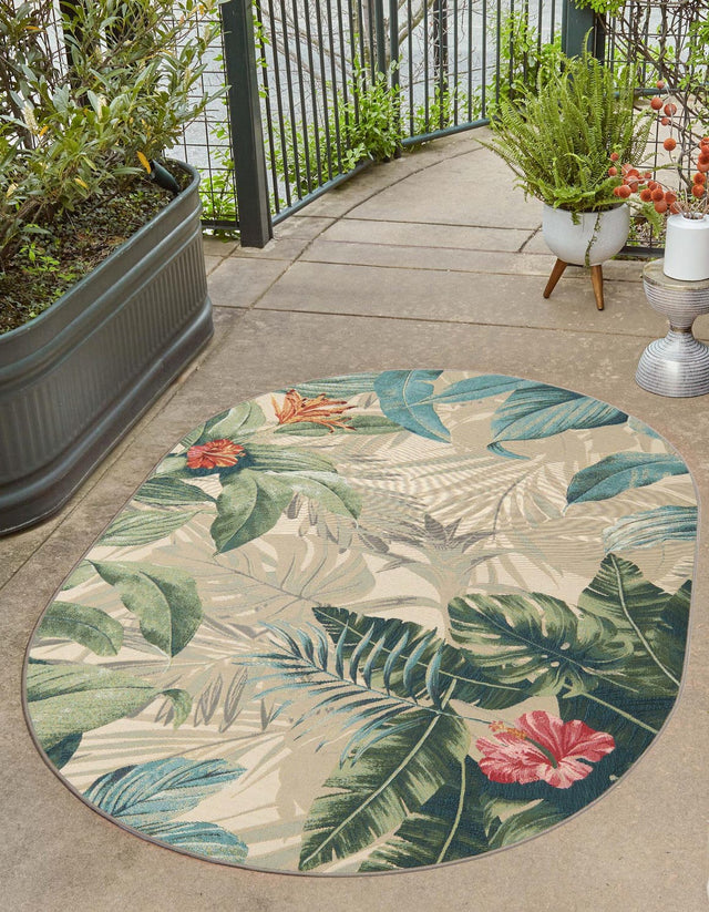 Multicolor 2' 2 x 3' 1 Outdoor Botanical Oval Area Rug Weather Resistant for Patio, Deck, Terrace, Balcony, Porch Polypropylene Garden Floral Tropical Carpet for Sale at Rug Engine