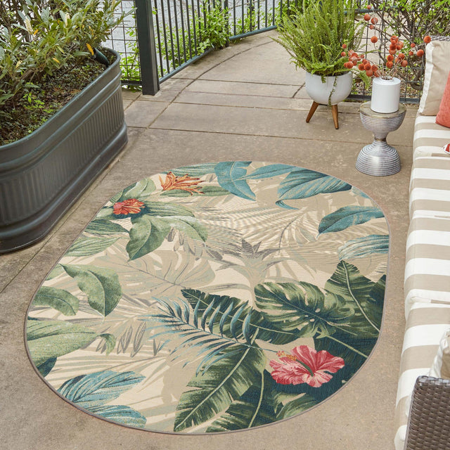 Multicolor 2' 2 x 3' 1 Outdoor Botanical Oval Area Rug Weather Resistant for Patio, Deck, Terrace, Balcony, Porch Polypropylene Garden Floral Tropical Carpet for Sale at Rug Engine