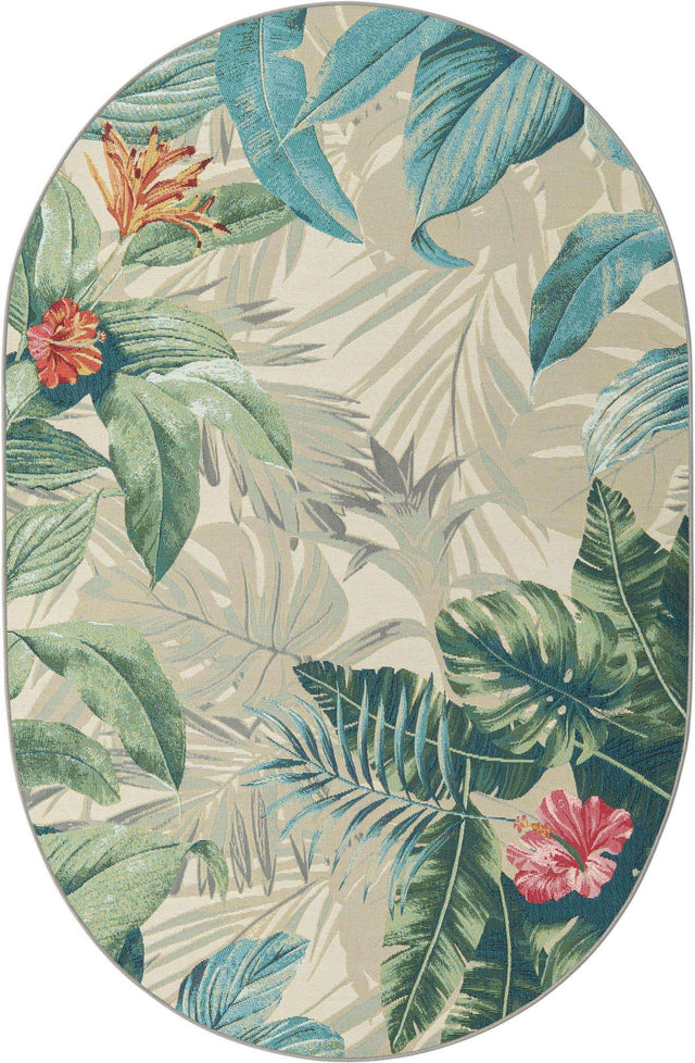 Multicolor 5' 3 x 8' Outdoor Botanical Oval Area Rug Weather Resistant for Patio, Deck, Terrace, Balcony, Porch Polypropylene Garden Floral Tropical Carpet for Sale at Rug Engine