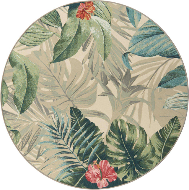 Multicolor 6' 1 x 6' 1 Outdoor Botanical Round Area Rug Weather Resistant for Patio, Deck, Terrace, Balcony, Porch Polypropylene Garden Floral Tropical Carpet for Sale at Rug Engine