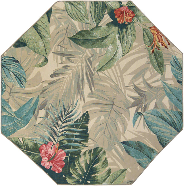 Multicolor 7' 1 x 7' 1 Outdoor Botanical Octagon Area Rug Weather Resistant for Patio, Deck, Terrace, Balcony, Porch Polypropylene Garden Floral Tropical Carpet for Sale at Rug Engine