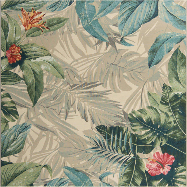 Multicolor 7' 10 x 7' 10 Outdoor Botanical Square Area Rug Weather Resistant for Patio, Deck, Terrace, Balcony, Porch Polypropylene Garden Floral Tropical Carpet for Sale at Rug Engine