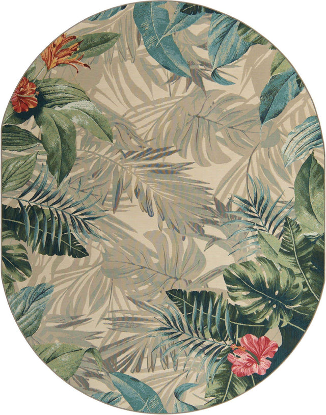 Multicolor 7' 10 x 10' Outdoor Botanical Oval Area Rug Weather Resistant for Patio, Deck, Terrace, Balcony, Porch Polypropylene Garden Floral Tropical Carpet for Sale at Rug Engine