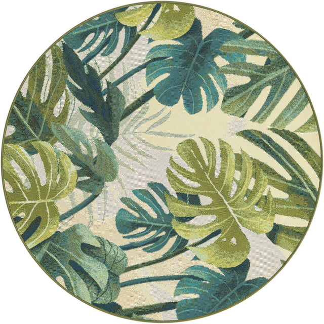 Green 4' 1 x 4' 1 Outdoor Botanical Round Area Rug Weather Resistant for Patio, Deck, Terrace, Balcony, Porch Polypropylene Garden Floral Tropical Carpet for Sale at Rug Engine