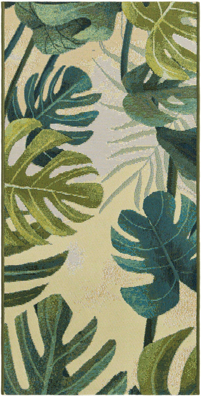 Green 2' x 4' 1 Outdoor Botanical Runner Area Rug Weather Resistant for Patio, Deck, Terrace, Balcony, Porch Polypropylene Garden Floral Tropical Carpet for Sale at Rug Engine