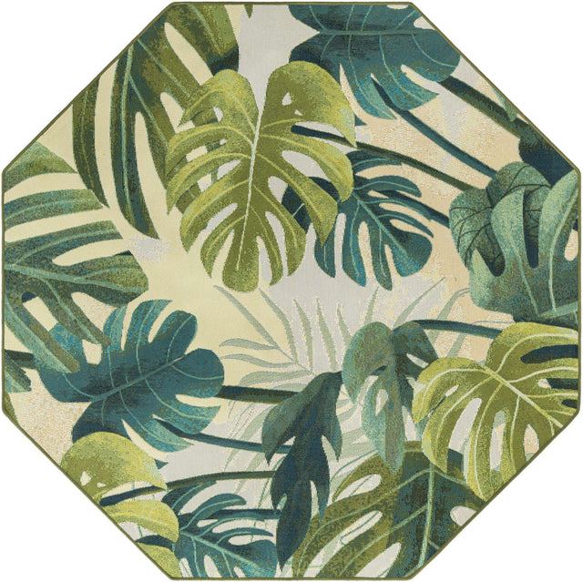 Green 5' 3 x 5' 3 Outdoor Botanical Octagon Area Rug Weather Resistant for Patio, Deck, Terrace, Balcony, Porch Polypropylene Garden Floral Tropical Carpet for Sale at Rug Engine