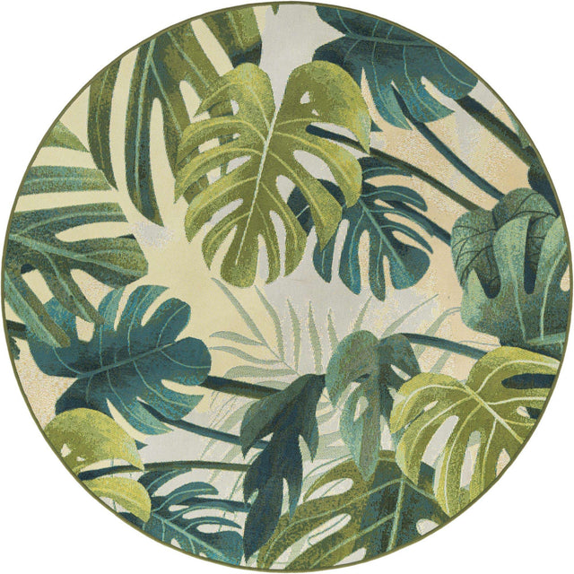 Green 5' 1 x 5' 1 Outdoor Botanical Round Area Rug Weather Resistant for Patio, Deck, Terrace, Balcony, Porch Polypropylene Garden Floral Tropical Carpet for Sale at Rug Engine