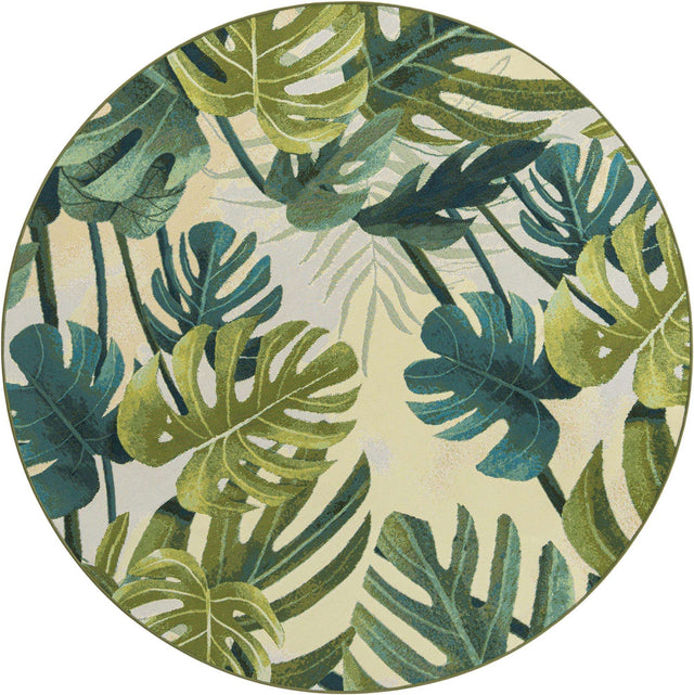 Green 7' 1 x 7' 1 Outdoor Botanical Round Area Rug Weather Resistant for Patio, Deck, Terrace, Balcony, Porch Polypropylene Garden Floral Tropical Carpet for Sale at Rug Engine