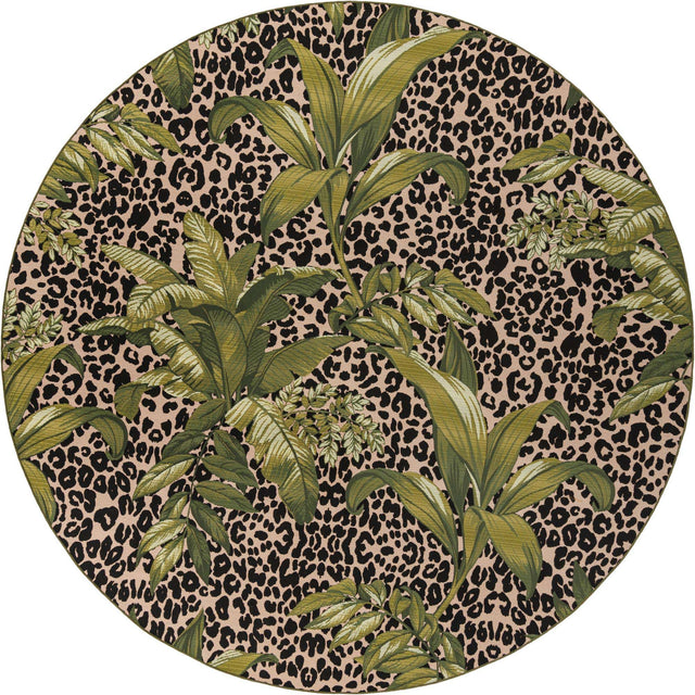 Green 10' x 10' Outdoor Botanical Round Area Rug Weather Resistant for Patio, Deck, Terrace, Balcony, Porch Polypropylene Garden Floral Tropical Carpet for Sale at Rug Engine