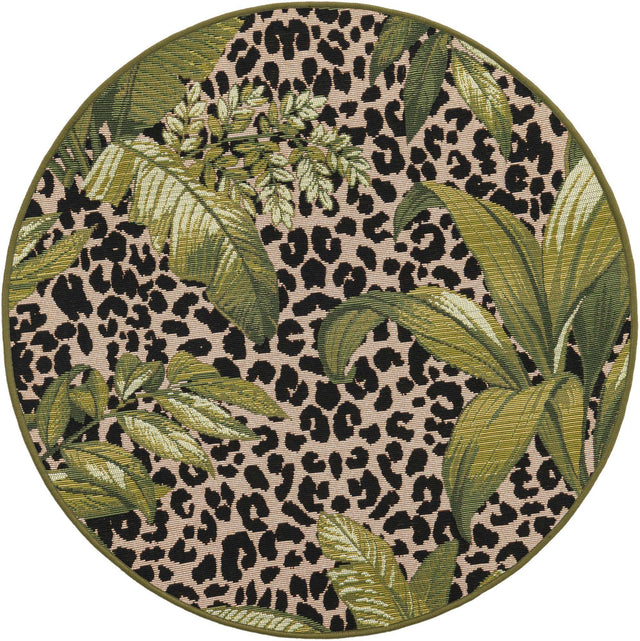 Green 3' 1 x 3' 1 Outdoor Botanical Round Area Rug Weather Resistant for Patio, Deck, Terrace, Balcony, Porch Polypropylene Garden Floral Tropical Carpet for Sale at Rug Engine