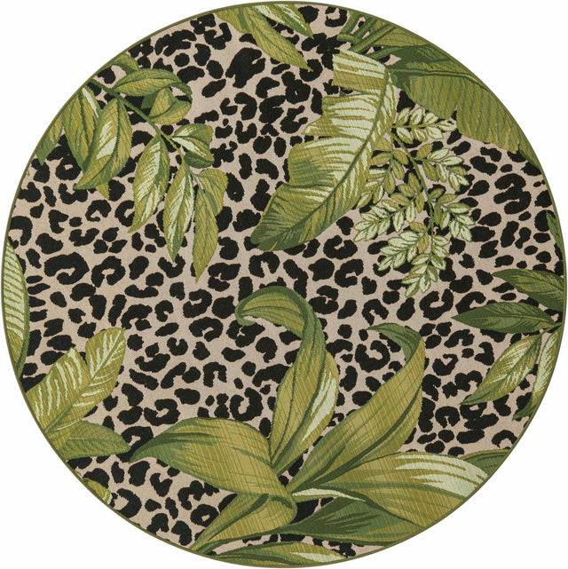 Green 5' 1 x 5' 1 Outdoor Botanical Round Area Rug Weather Resistant for Patio, Deck, Terrace, Balcony, Porch Polypropylene Garden Floral Tropical Carpet for Sale at Rug Engine