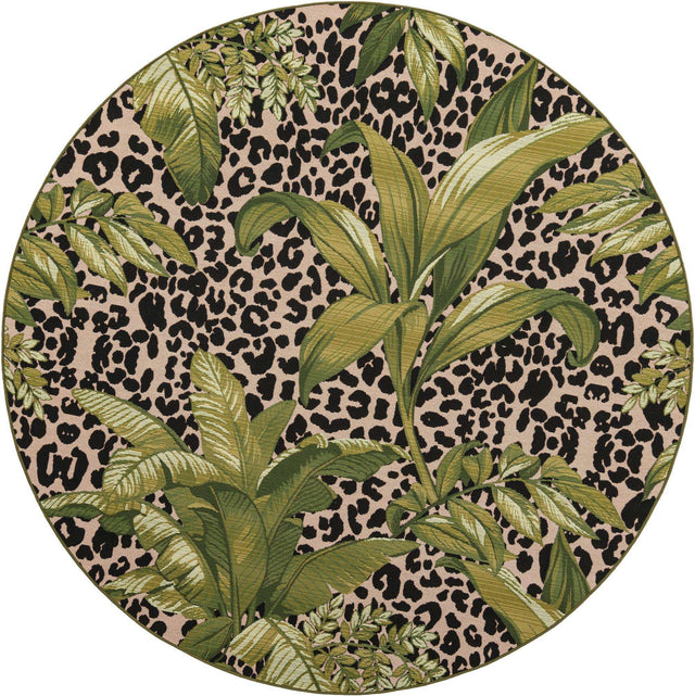 Green 7' 1 x 7' 1 Outdoor Botanical Round Area Rug Weather Resistant for Patio, Deck, Terrace, Balcony, Porch Polypropylene Garden Floral Tropical Carpet for Sale at Rug Engine