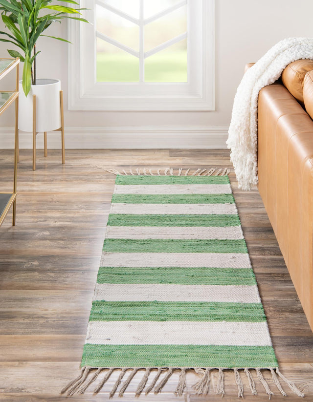 Green and Ivory 2' 2 x 6' 1 Chindi Rag Runner Area Rug 100% Cotton All Natural Eco-Friendly Carpet Mat Decor for Homes for Sale at Rug Engine