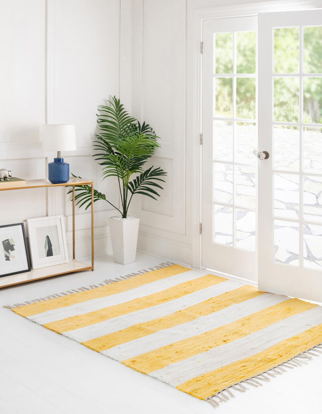 Yellow and Ivory 7' 10 x 7' 10 Chindi Rag Square Area Rug 100% Cotton All Natural Eco-Friendly Carpet Mat Decor for Homes for Sale at Rug Engine
