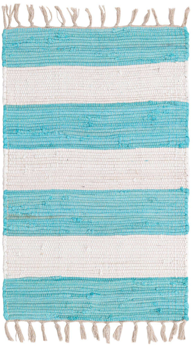 Turquoise and Ivory 2' 2 x 3' 1 Chindi Rag Rectangle Area Rug 100% Cotton All Natural Eco-Friendly Carpet Mat Decor for Homes for Sale at Rug Engine