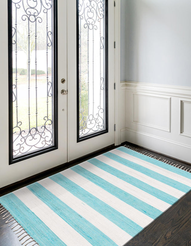 Turquoise and Ivory 5' 1 x 8' Chindi Rag Rectangle Area Rug 100% Cotton All Natural Eco-Friendly Carpet Mat Decor for Homes for Sale at Rug Engine