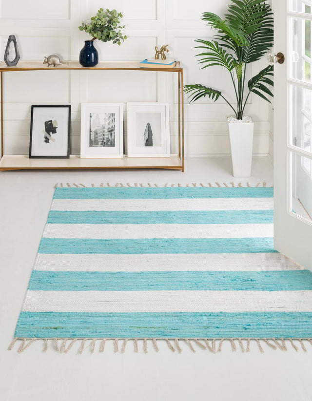 Turquoise and Ivory 5' 1 x 5' 1 Chindi Rag Square Area Rug 100% Cotton All Natural Eco-Friendly Carpet Mat Decor for Homes for Sale at Rug Engine