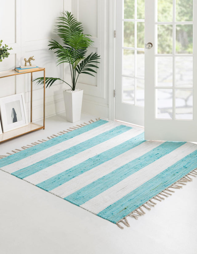 Turquoise and Ivory 5' 1 x 5' 1 Chindi Rag Square Area Rug 100% Cotton All Natural Eco-Friendly Carpet Mat Decor for Homes for Sale at Rug Engine