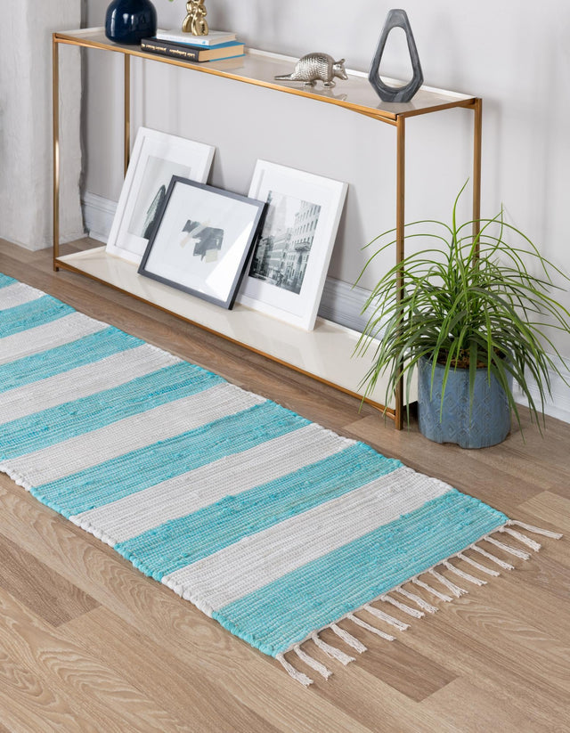 Turquoise and Ivory 2' 7 x 12' Chindi Rag Runner Area Rug 100% Cotton All Natural Eco-Friendly Carpet Mat Decor for Homes for Sale at Rug Engine