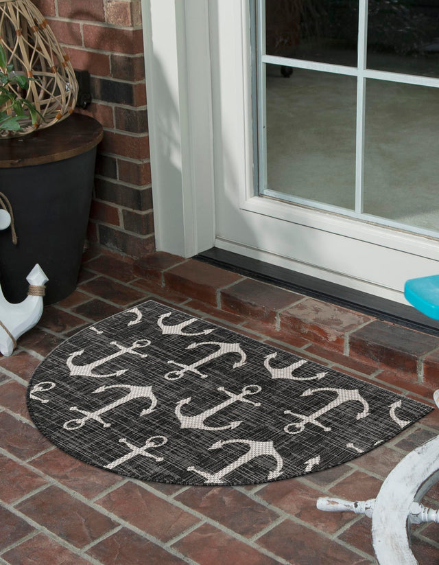 Charcoal 2' 7 x 4' 1 Outdoor Coastal Hearth Half-Round Semicircle Area Rug Weather Resistant for Patio, Deck, Terrace, Balcony, Porch 100% Polypropylene Coastal Decor Carpet for Sale at Rug Engine
