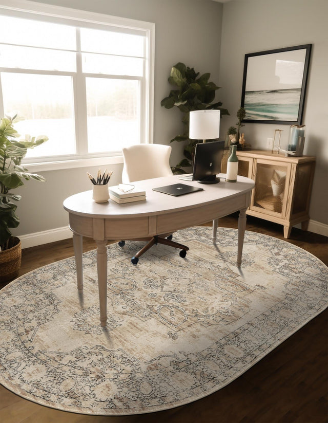 Ivory 5' 3 x 8' Portland Oval Area Rug 85% Polypropylene & 15% Polyester Vintage Distressed Traditional Carpet for Home Decor for Sale at Rug Engine