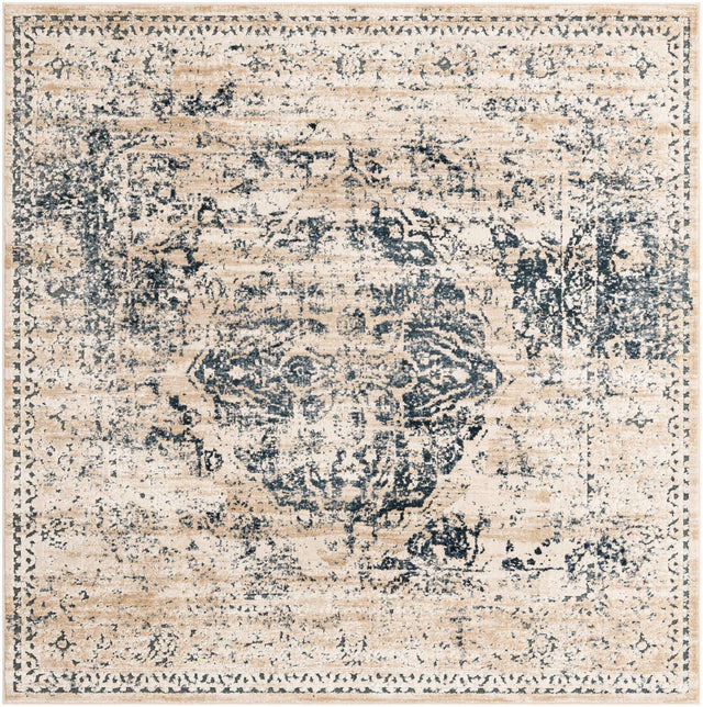 Dark Blue 6' 1 x 6' 1 Chateau Square Area Rug 85% Polypropylene & 15% Chenille With Cotton Backing Traditional Vintage Distressed Carpet for Classical Interior Design Decorating for Sale at Rug Engine