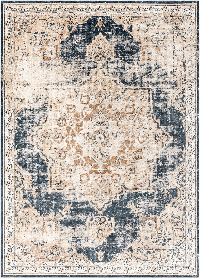 Dark Blue 7' 10 x 11' Chateau Rectangle Area Rug 85% Polypropylene & 15% Chenille With Cotton Backing Traditional Vintage Distressed Carpet for Classical Interior Design Decorating for Sale at Rug Engine