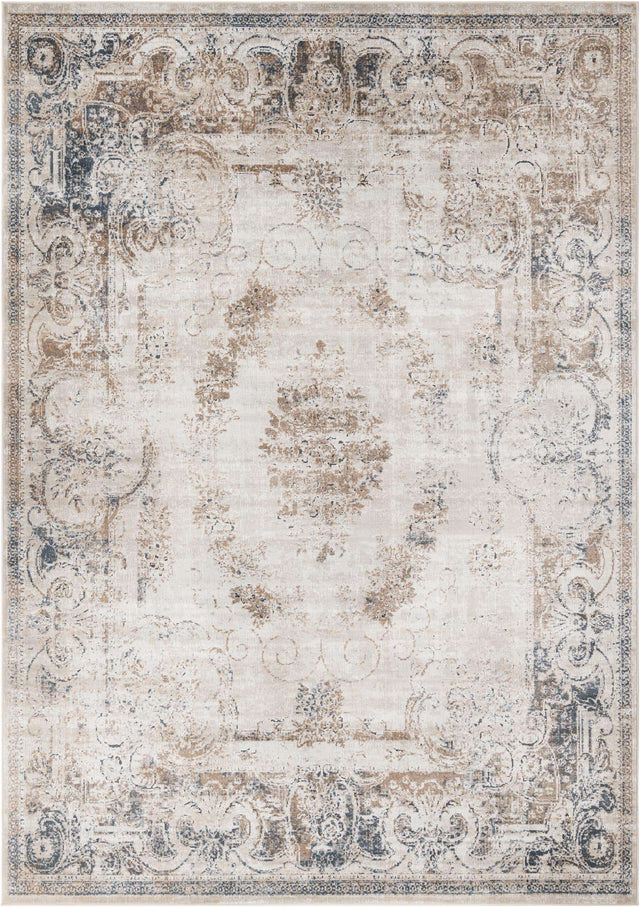 Blue Cream 7' 10 x 11' Chateau Rectangle Area Rug 85% Polypropylene & 15% Chenille With Cotton Backing Traditional Vintage Distressed Carpet for Classical Interior Design Decorating for Sale at Rug Engine