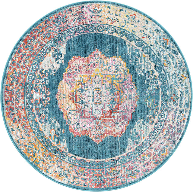 Turquoise 5' 3 x 5' 3 Charm Round Area Rug 100% Polypropylene With Jute Backing Traditional Vintage Distressed Look Carpet for Living Rooms Dining Office Space for Sale at Rug Engine