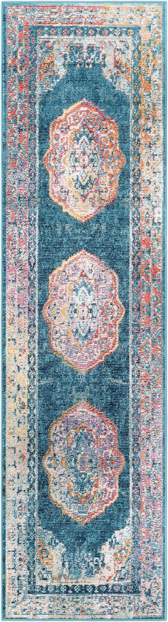 Turquoise 2' x 8' Charm Runner Area Rug 100% Polypropylene With Jute Backing Traditional Vintage Distressed Look Carpet for Living Rooms Dining Office Space for Sale at Rug Engine