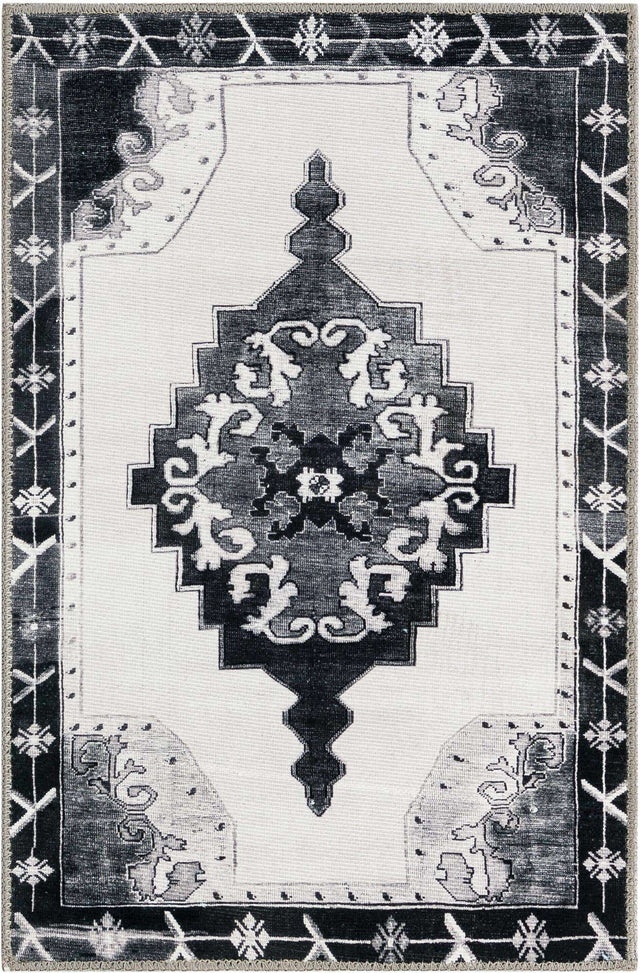 Washable Black and White 2' x 3' Timeless Rectangle Area Rug Easy to Clean Stain Resistant & Durable Traditional Classic Vintage Design Carpet for Sale at Rug Engine