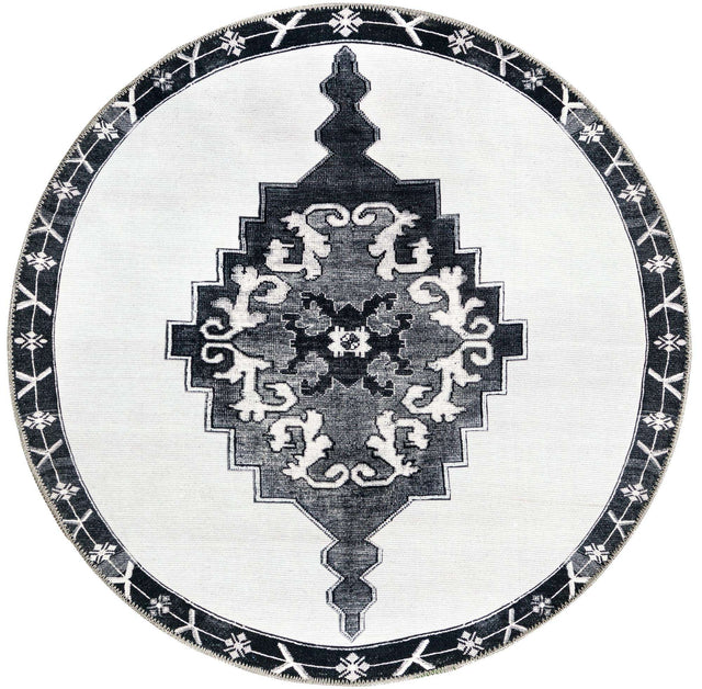 Washable Black and White 3' 6 x 3' 6 Timeless Round Area Rug Easy to Clean Stain Resistant & Durable Traditional Classic Vintage Design Carpet for Sale at Rug Engine
