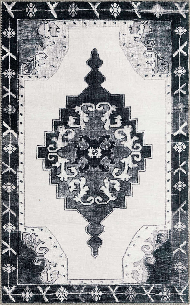 Washable Black and White 3' 6 x 5' 6 Timeless Rectangle Area Rug Easy to Clean Stain Resistant & Durable Traditional Classic Vintage Design Carpet for Sale at Rug Engine