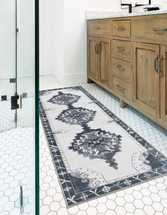 Washable Black and White 2' x 6' Timeless Runner Area Rug Easy to Clean Stain Resistant & Durable Traditional Classic Vintage Design Carpet for Sale at Rug Engine