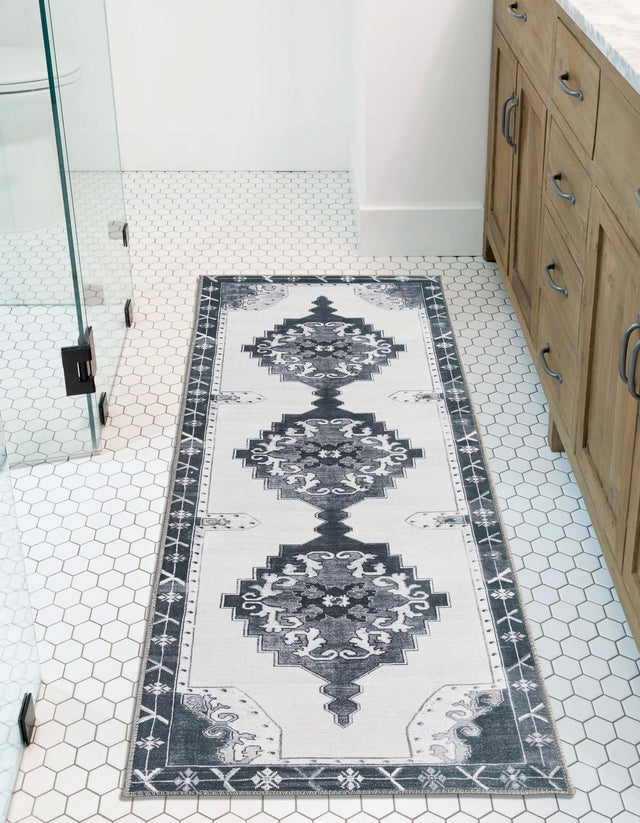 Washable Black and White 2' 6 x 12' Timeless Runner Area Rug Easy to Clean Stain Resistant & Durable Traditional Classic Vintage Design Carpet for Sale at Rug Engine