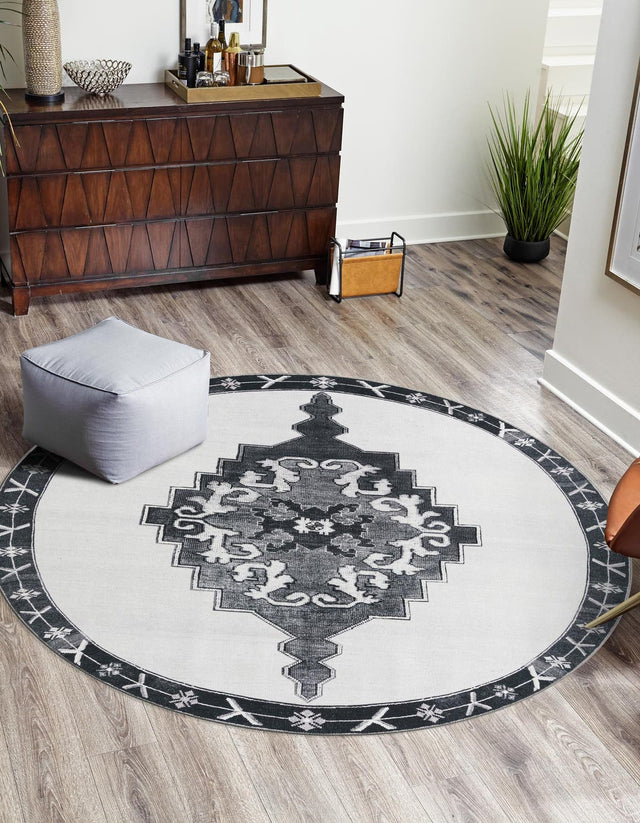 Washable Black and White 3' 6 x 3' 6 Timeless Round Area Rug Easy to Clean Stain Resistant & Durable Traditional Classic Vintage Design Carpet for Sale at Rug Engine
