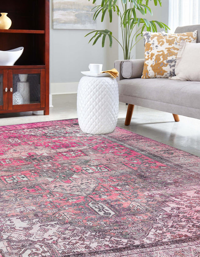 Washable Pink 7' 6 x 10' 6 Timeless Rectangle Area Rug Easy to Clean Stain Resistant & Durable Traditional Classic Vintage Design Carpet for Sale at Rug Engine