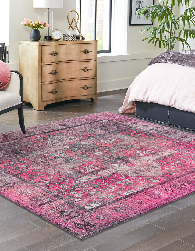 Washable Pink 7' 6 x 7' 6 Timeless Square Area Rug Easy to Clean Stain Resistant & Durable Traditional Classic Vintage Design Carpet for Sale at Rug Engine