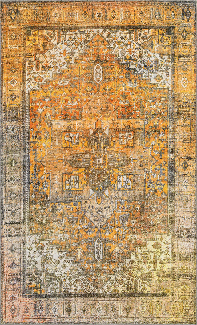 Washable Yellow 5' x 8' Timeless Rectangle Area Rug Easy to Clean Stain Resistant & Durable Traditional Classic Vintage Design Carpet for Sale at Rug Engine