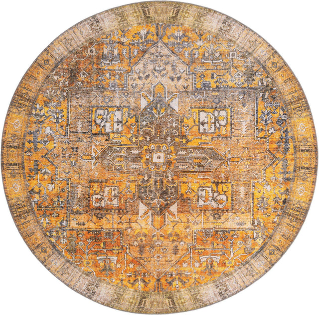 Washable Yellow 7' 6 x 7' 6 Timeless Round Area Rug Easy to Clean Stain Resistant & Durable Traditional Classic Vintage Design Carpet for Sale at Rug Engine