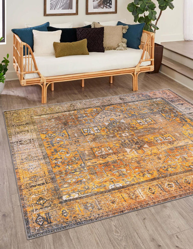 Washable Yellow 7' 6 x 7' 6 Timeless Square Area Rug Easy to Clean Stain Resistant & Durable Traditional Classic Vintage Design Carpet for Sale at Rug Engine