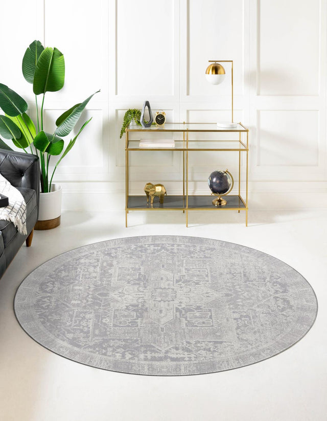 Washable Gray 7' 6 x 7' 6 Timeless Round Area Rug Easy to Clean Stain Resistant & Durable Traditional Classic Vintage Design Carpet for Sale at Rug Engine