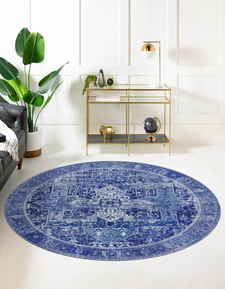 Washable Navy Blue 7' 6 x 7' 6 Timeless Round Area Rug Easy to Clean Stain Resistant & Durable