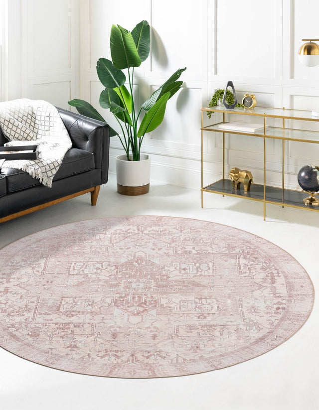 Washable Beige 7' 6 x 7' 6 Timeless Round Area Rug Easy to Clean Stain Resistant & Durable Traditional Classic Vintage Design Carpet for Sale at Rug Engine