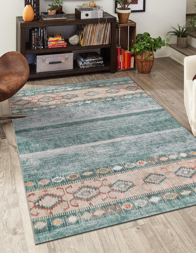 Washable Green 7' 6 x 10' 6 Timeless Rectangle Area Rug Easy to Clean Stain Resistant & Durable Traditional Classic Vintage Design Carpet for Sale at Rug Engine